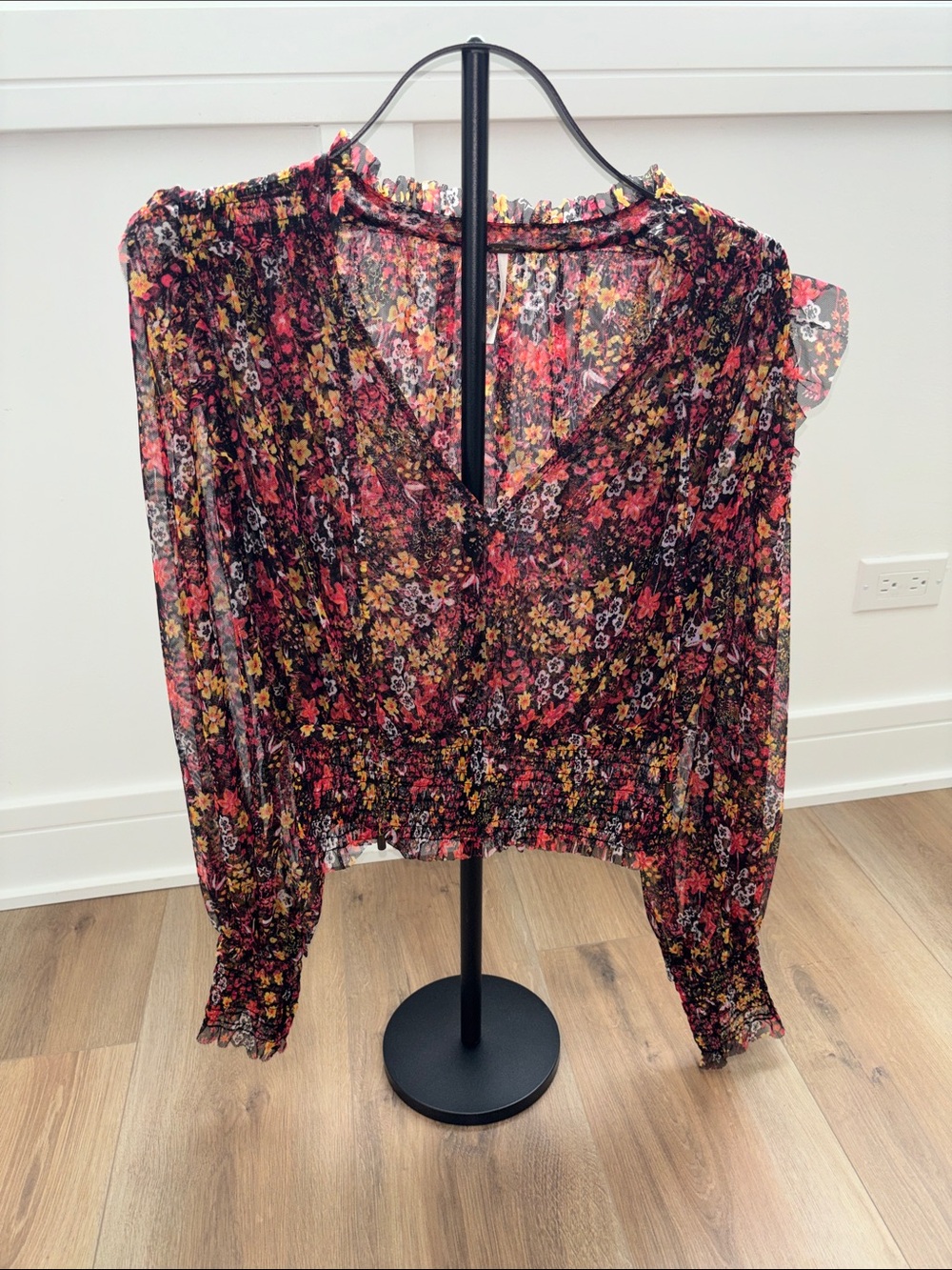 Free People Black Floral Sheer Smocked-Waist Blouse